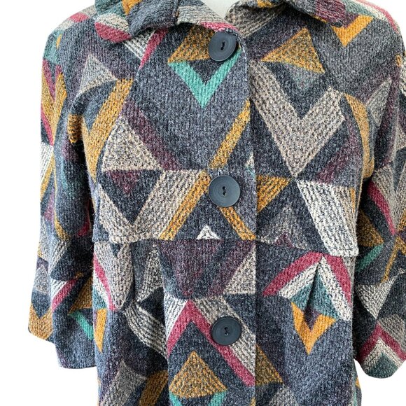 Damee Peplum Button Sweater Jacket Sz S Flare Sleeve Geometric Artsy Lagenlook - Picture 3 of 13